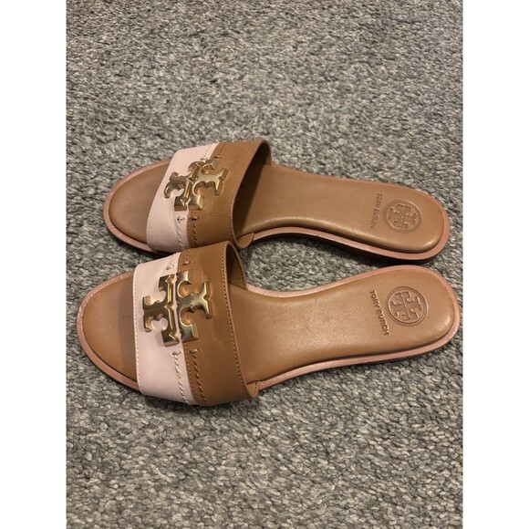 Tory Burch Everly Calf Leather Slide Size 6 Tan Pink Logo Sandals - Picture 3 of 7